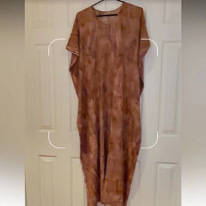 Vintage style Paisley Abstract brown pattern V neck boho  casual cotton Kaftan S